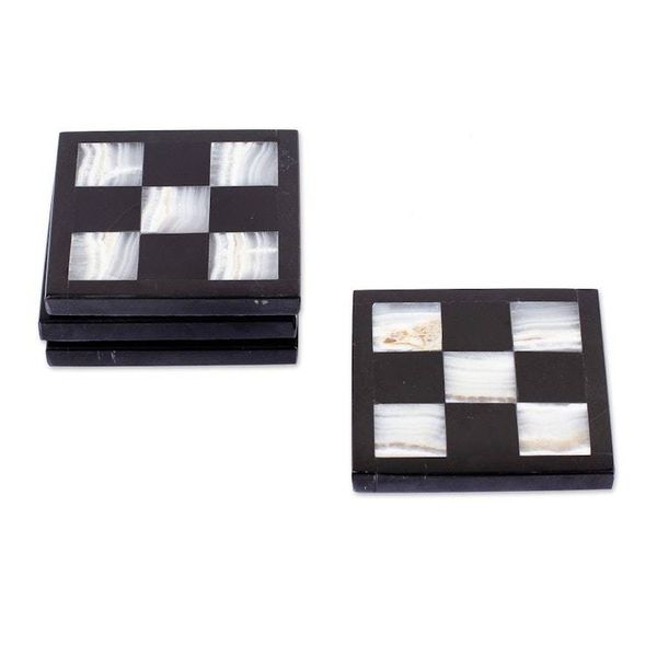 Alternate image for 4 Modern Square Onyx Marble Coasters with Chess Board Theme Chess Elegance