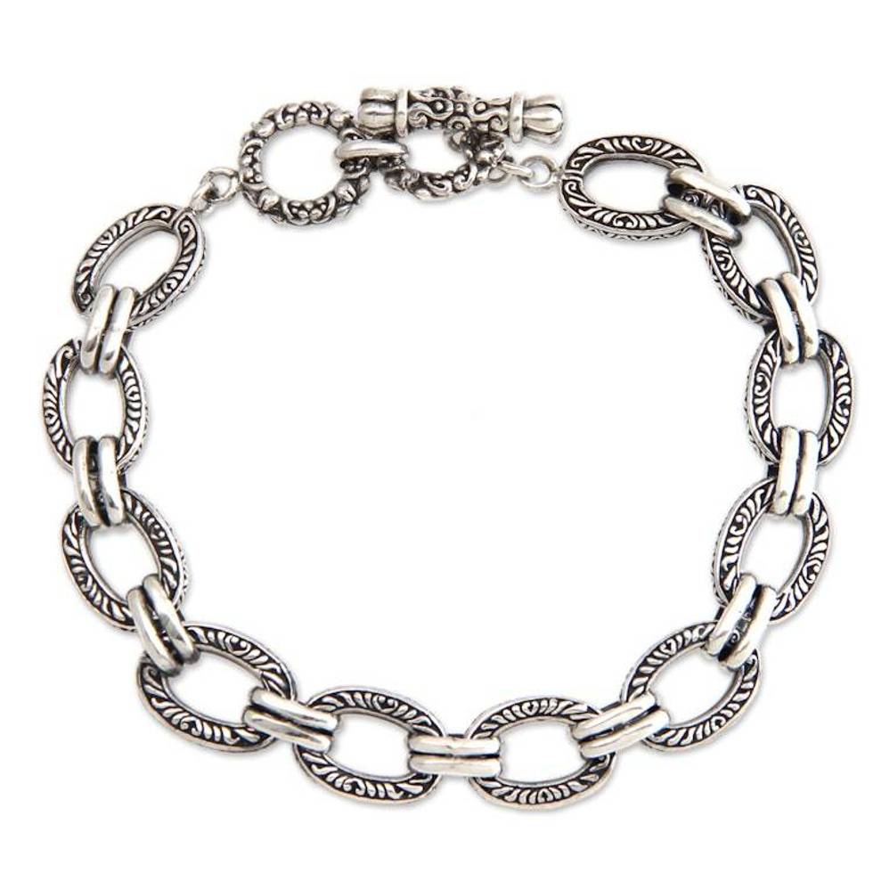 Hand Crafted Men's Sterling Silver Link Bracelet from Bali 'Bali Memoirs'