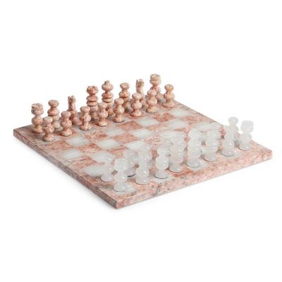 Alternate image for Modern Hand-Carved White Onyx and Pink Marble Chess Set Riveting Challenge