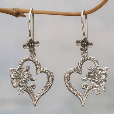 Alternate image for Indonesian 925 Sterling Silver Flower Heart Dangle Earrings Hibiscus Bloom