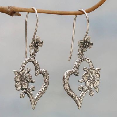 Alternate image for Indonesian 925 Sterling Silver Flower Heart Dangle Earrings Hibiscus Bloom