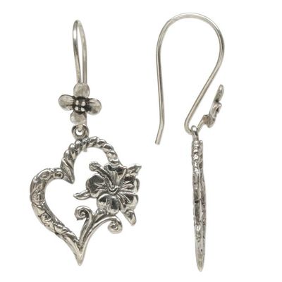 Alternate image for Indonesian 925 Sterling Silver Flower Heart Dangle Earrings Hibiscus Bloom