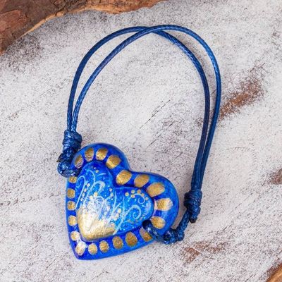 Main image for Papier Mache Adjustable Blue Heart Golden Trim Bracelet Deep Sea Illusion