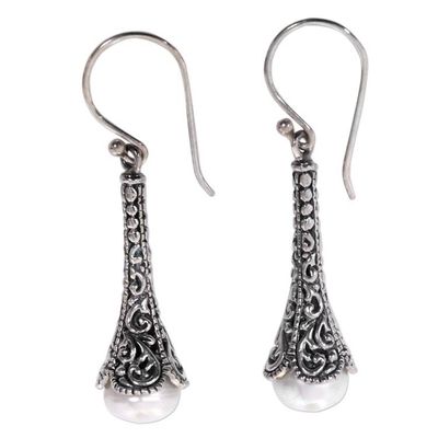 Alternate image for Silver 925 Elongated Balinese Earrings with Cultured Pearl White Honeysuckle