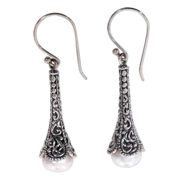 Alternate image for Silver 925 Elongated Balinese Earrings with Cultured Pearl White Honeysuckle