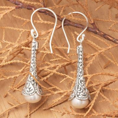 Alternate image for Silver 925 Elongated Balinese Earrings with Cultured Pearl White Honeysuckle