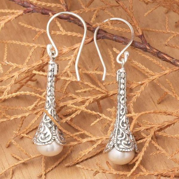 Alternate image for Silver 925 Elongated Balinese Earrings with Cultured Pearl White Honeysuckle