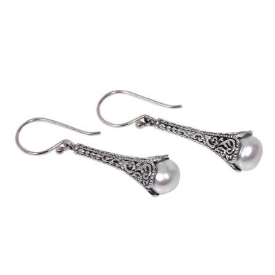 Alternate image for Silver 925 Elongated Balinese Earrings with Cultured Pearl White Honeysuckle