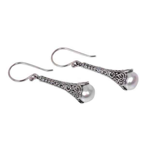 Alternate image for Silver 925 Elongated Balinese Earrings with Cultured Pearl White Honeysuckle