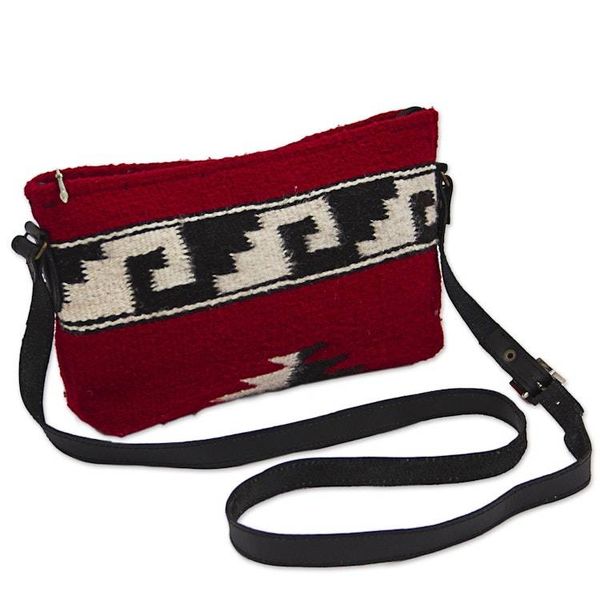 Alternate image for Zapotec Red Wool Shoulder Bag with Adjustable Leather Strap Mitla Crimson