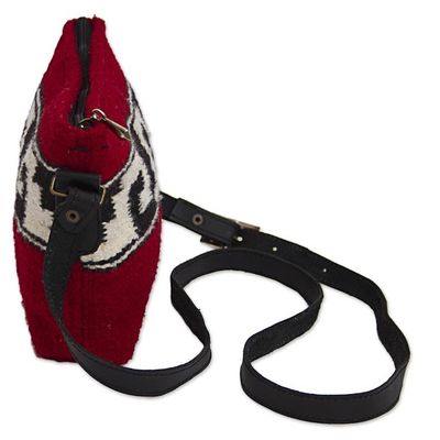 Alternate image for Zapotec Red Wool Shoulder Bag with Adjustable Leather Strap Mitla Crimson