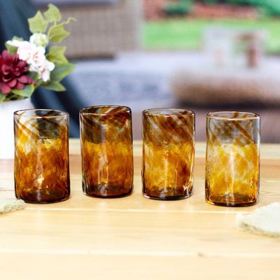Main image for 4 Hand Blown Eco-Friendly Recycled Glass Tumblers in Brown Garden Relaxation in Amber
