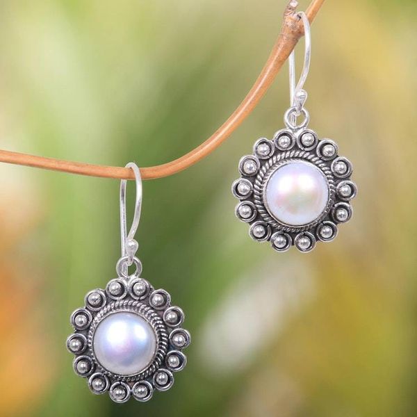 Alternate image for Hand-Crafted Cultured Pearl and Silver Earrings Sun Shaped Strong Sun