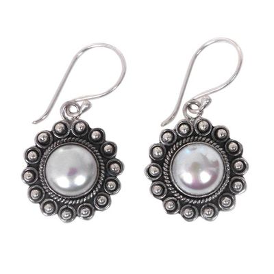 Alternate image for Hand-Crafted Cultured Pearl and Silver Earrings Sun Shaped Strong Sun