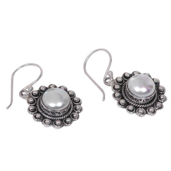 Alternate image for Hand-Crafted Cultured Pearl and Silver Earrings Sun Shaped Strong Sun