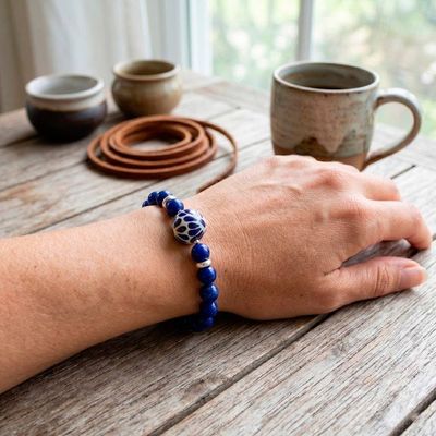 Alternate image for Lapis Lazuli Talavera Style Ceramic Stretch Pendant Bracelet Blue Feather Delight