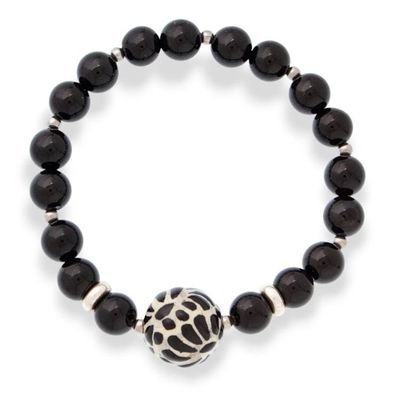 Alternate image for Agate Stretch Bracelet with Talavera Style Ceramic Pendant Black Feather Delight