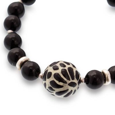 Alternate image for Agate Stretch Bracelet with Talavera Style Ceramic Pendant Black Feather Delight