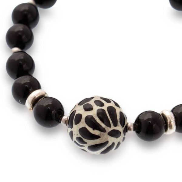 Alternate image for Agate Stretch Bracelet with Talavera Style Ceramic Pendant Black Feather Delight