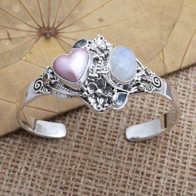 Alternate image for Handmade Cultured Pearl and Rainbow Moonstone Cuff Bracelet Valentine Edition
