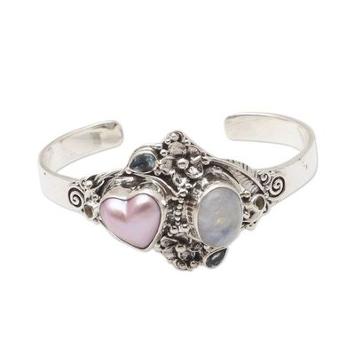 Alternate image for Handmade Cultured Pearl and Rainbow Moonstone Cuff Bracelet Valentine Edition