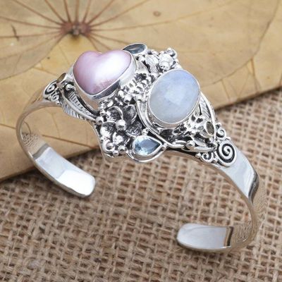 Alternate image for Handmade Cultured Pearl and Rainbow Moonstone Cuff Bracelet Valentine Edition