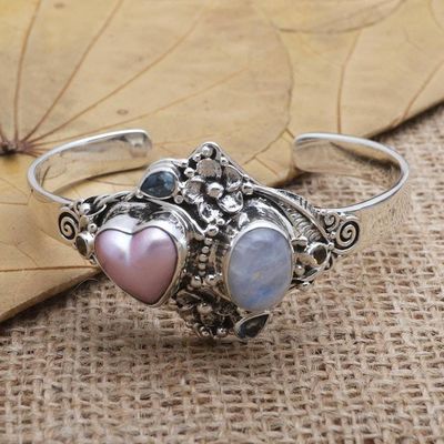 Alternate image for Handmade Cultured Pearl and Rainbow Moonstone Cuff Bracelet Valentine Edition