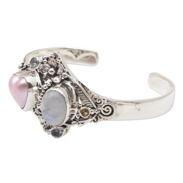 Alternate image for Handmade Cultured Pearl and Rainbow Moonstone Cuff Bracelet Valentine Edition
