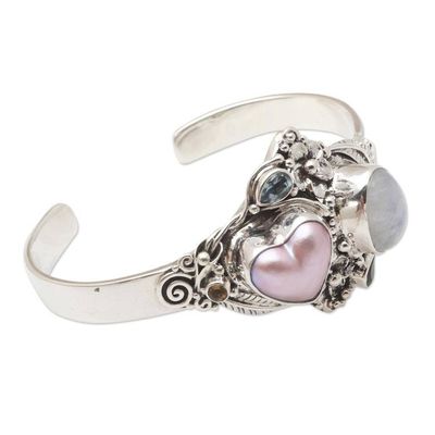 Alternate image for Handmade Cultured Pearl and Rainbow Moonstone Cuff Bracelet Valentine Edition