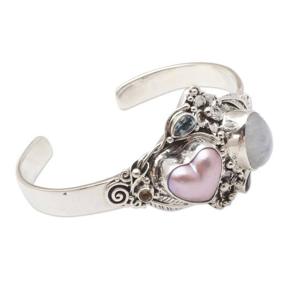 Alternate image for Handmade Cultured Pearl and Rainbow Moonstone Cuff Bracelet Valentine Edition