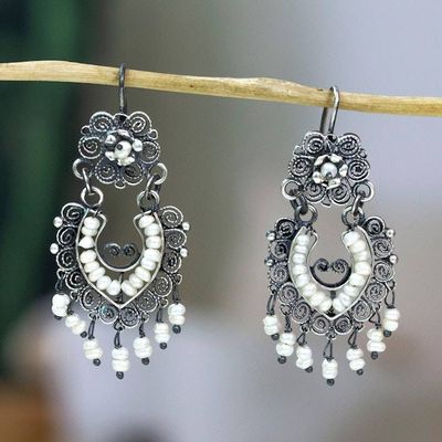 Alternate image for Cultured Pearl Sterling Silver Scroll Chandelier Earrings Ballroom Splendor