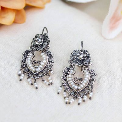 Alternate image for Cultured Pearl Sterling Silver Scroll Chandelier Earrings Ballroom Splendor