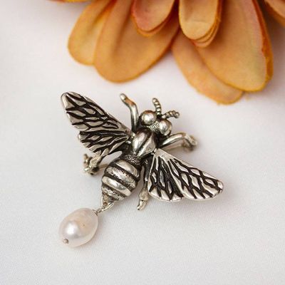 Alternate image for Bee-Themed Taxco Silver Brooch Pin with Cultured Pearl Charm Beautiful Bee