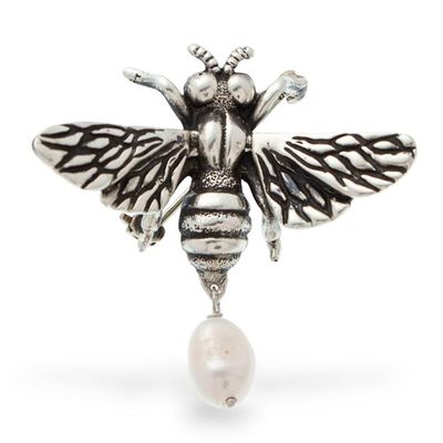 Alternate image for Bee-Themed Taxco Silver Brooch Pin with Cultured Pearl Charm Beautiful Bee