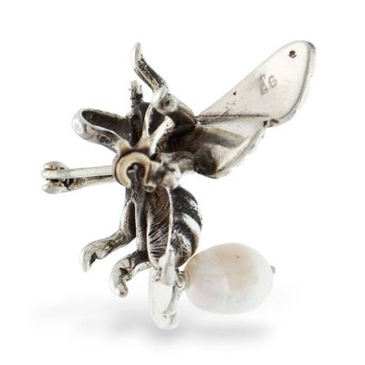Alternate image for Bee-Themed Taxco Silver Brooch Pin with Cultured Pearl Charm Beautiful Bee