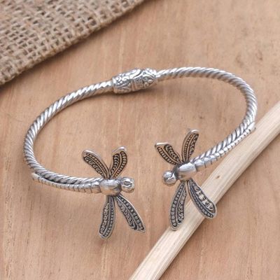 Alternate image for Sterling Silver Cuff Bracelet with Dragonfly Motif Mindful Dragonfly