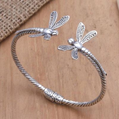Alternate image for Sterling Silver Cuff Bracelet with Dragonfly Motif Mindful Dragonfly