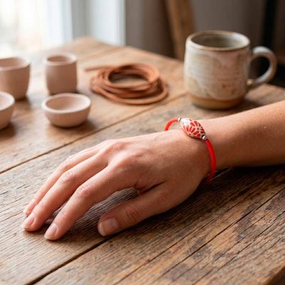 Alternate image for Talavera Style Ceramic Pendant Bracelet in Red and White Red Feather Talavera