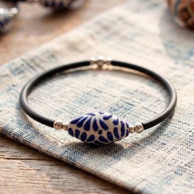 Primary image for Rubber Bracelet with Painted Talavera Style Ceramic Pendant Blue Feather Talavera