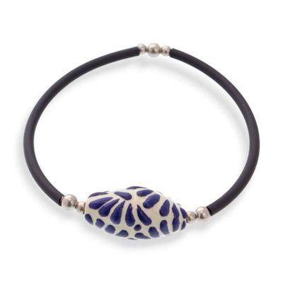 Alternate image for Rubber Bracelet with Painted Talavera Style Ceramic Pendant Blue Feather Talavera
