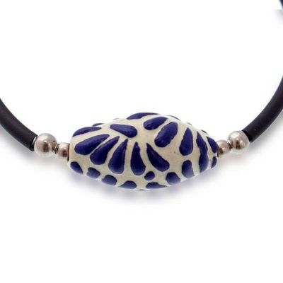 Alternate image for Rubber Bracelet with Painted Talavera Style Ceramic Pendant Blue Feather Talavera