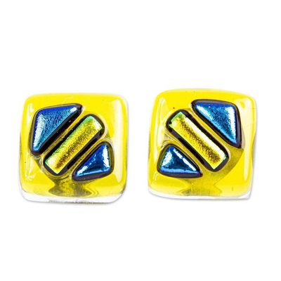 Alternate image for Handmade Yellow and Blue Fused Glass Earrings Sun Fusion