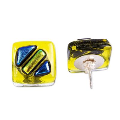 Alternate image for Handmade Yellow and Blue Fused Glass Earrings Sun Fusion