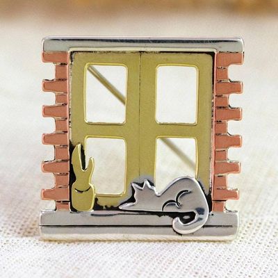 Alternate image for Handcrafted Mixed Metal Pin from Mexico Cat in a Window