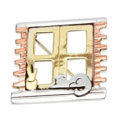 Alternate image for Handcrafted Mixed Metal Pin from Mexico Cat in a Window
