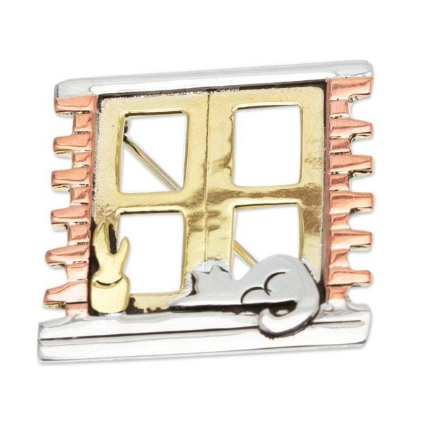 Alternate image for Handcrafted Mixed Metal Pin from Mexico Cat in a Window