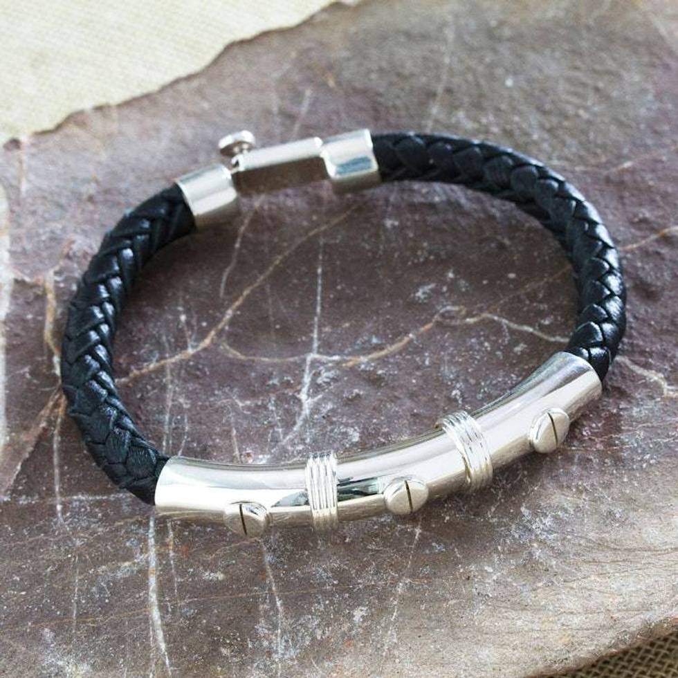 Men's Black Leather and Sterling Silver Pendant Bracelet 'Today's Resilience'