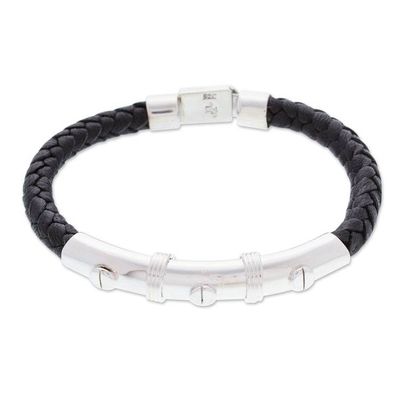Alternate image for Mens Black Leather and Sterling Silver Pendant Bracelet Todays Resilience