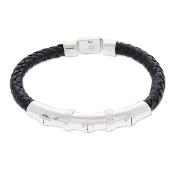 Alternate image for Mens Black Leather and Sterling Silver Pendant Bracelet Todays Resilience