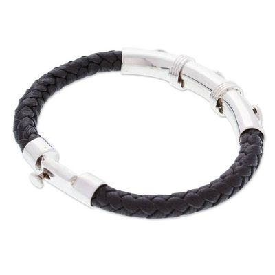 Alternate image for Mens Black Leather and Sterling Silver Pendant Bracelet Todays Resilience